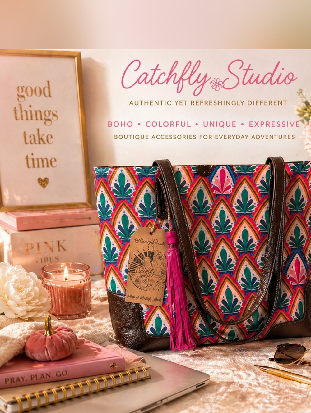 Pink Patterned Tote with Tassel Trim